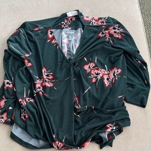 Chic Floral Wrap Blouse - Dark Green and Pink